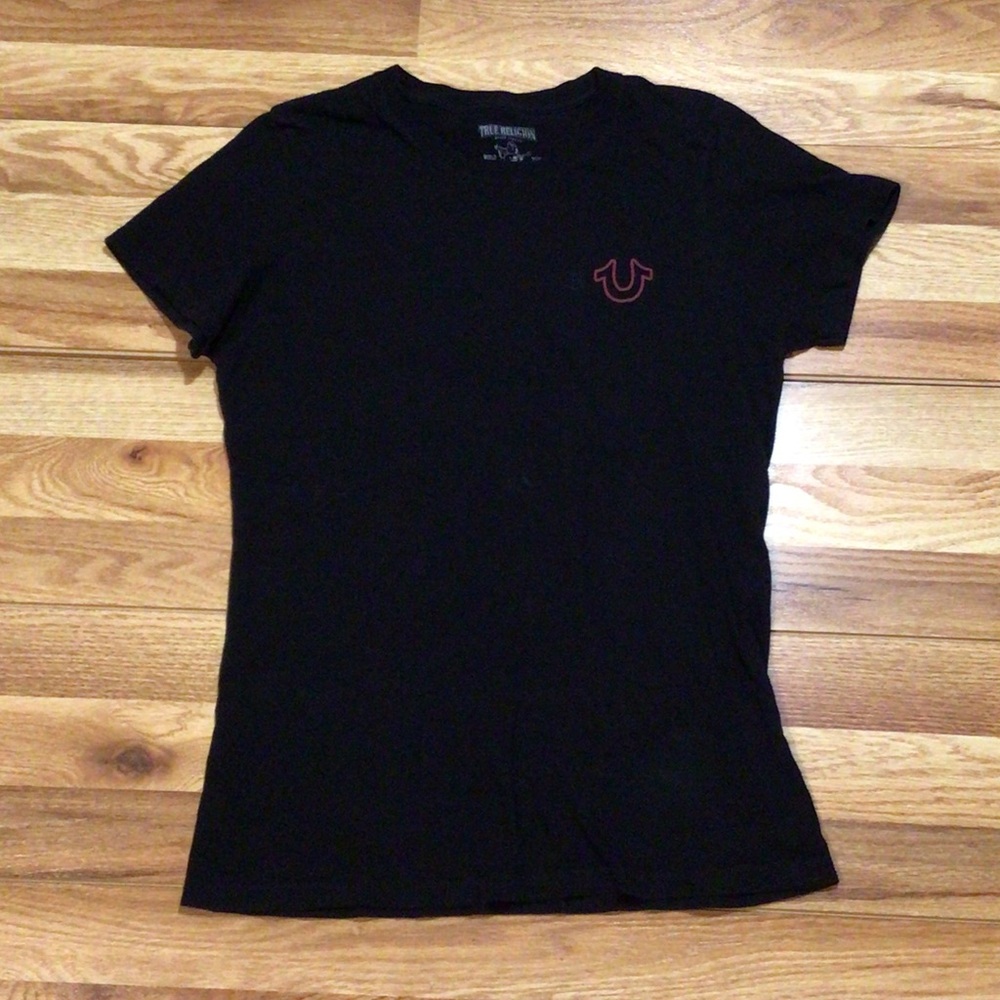 True Religion Women's Black Short Sleeve Tee with Red Logo